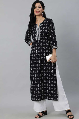 Buy Black Cotton geometric Printed Straight Kurta Online