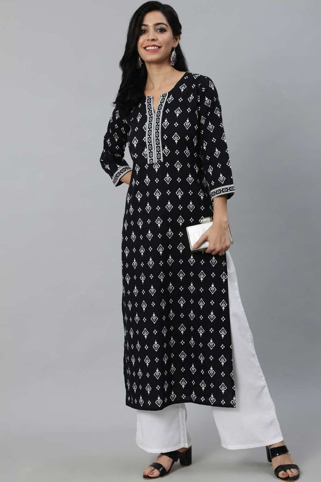 Buy Black Cotton geometric Printed Straight Kurta Online
