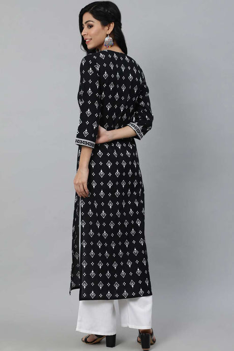 Buy Black Cotton geometric Printed Straight Kurta Online - Side