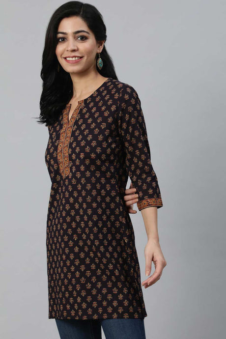 Buy dark Purple Cotton Floral Printed Straight Tunic Online - Front