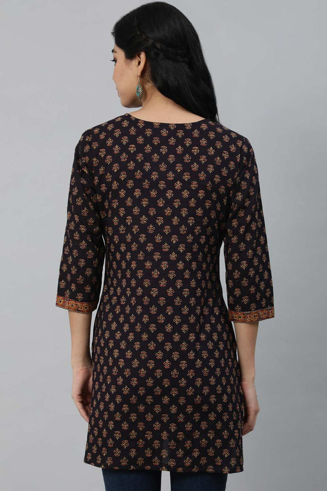 Buy dark Purple Cotton Floral Printed Straight Tunic Online - Side