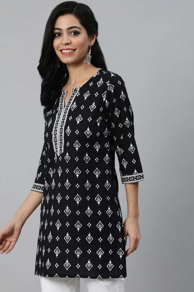Buy Black & White Cotton Printed Cotton Straight Tunic Online - Front