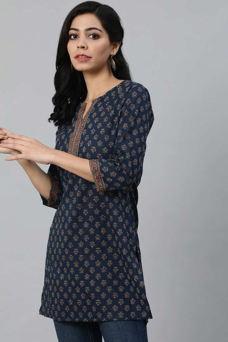 Buy Navy Blue And Marron Cotton Floral Printed Straight Tunic Online - Front