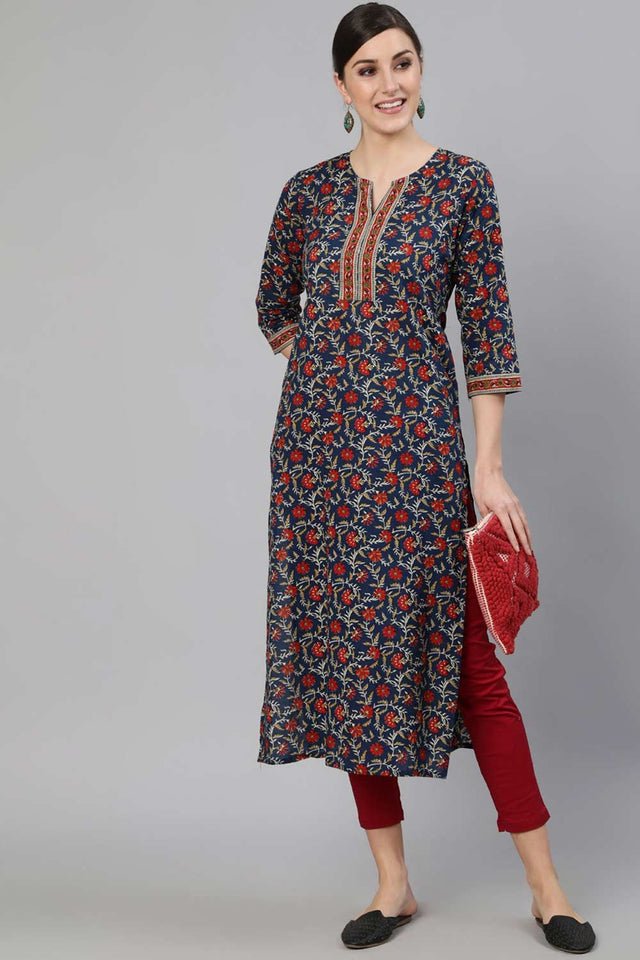 Buy Blue Cotton Printed Straight Kurta Online