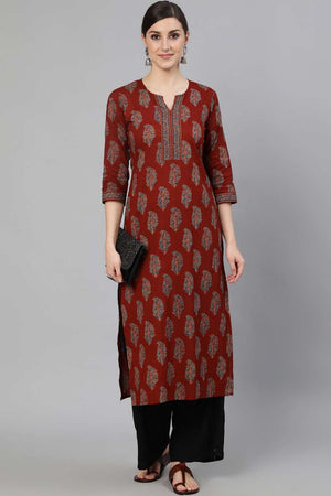 Buy Maroon Cotton geometric Printed Straight Kurta Online