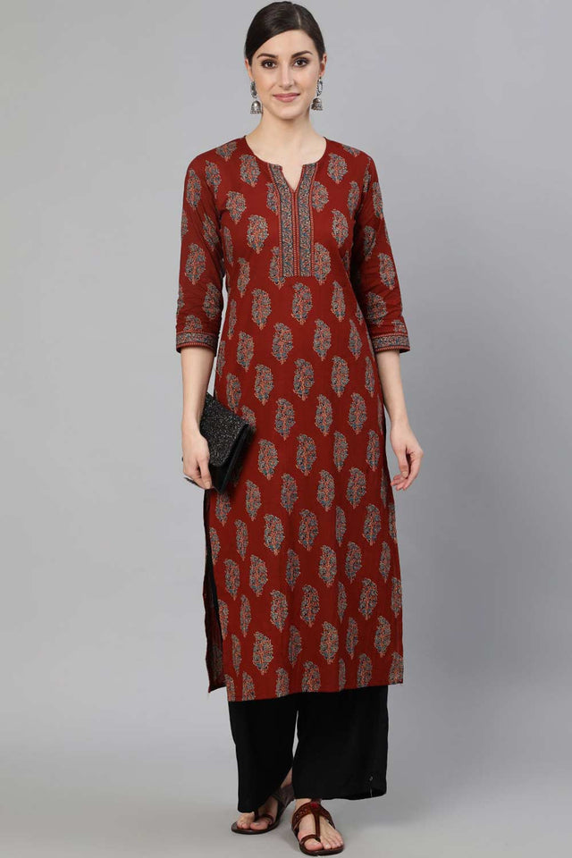 Buy Maroon Cotton geometric Printed Straight Kurta Online