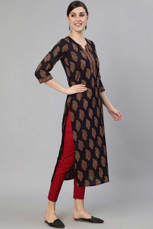 Buy Black Cotton Ethnic Printed Straight Kurta Online - Front