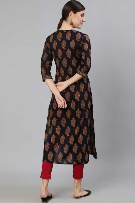 Buy Black Cotton Ethnic Printed Straight Kurta Online - Side