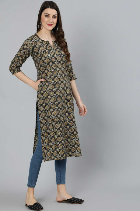 Buy Black Cotton geometric Abstract Printed Straight Kurta Online - Front
