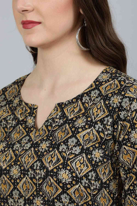 Buy Black Cotton geometric Abstract Printed Straight Kurta Online - Back
