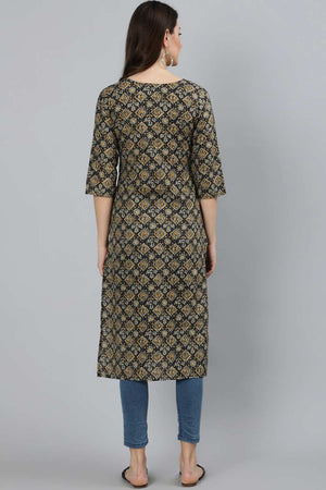 Buy Black Cotton geometric Abstract Printed Straight Kurta Online - Side