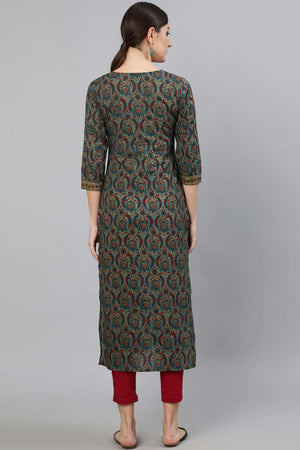 Buy Blue Ethnic Motif Cotton Printed Straight Kurta Online - Side