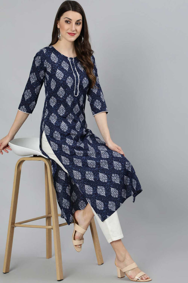 Buy Navy Blue Cotton Ethnic Floral Printed Straight Kurta with Lace Details Online