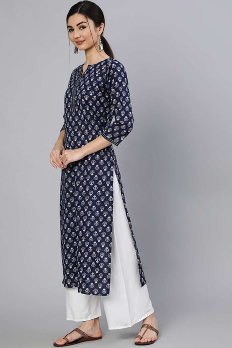 Buy Navy Blue & White Cotton Ethnic Motifs Printed And Thread Work Kurta Online - Front