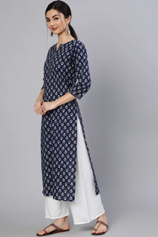 Buy Navy Blue & White Cotton Ethnic Motifs Printed And Thread Work Kurta Online - Front
