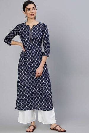Buy Navy Blue & White Cotton Ethnic Motifs Printed And Thread Work Kurta Online