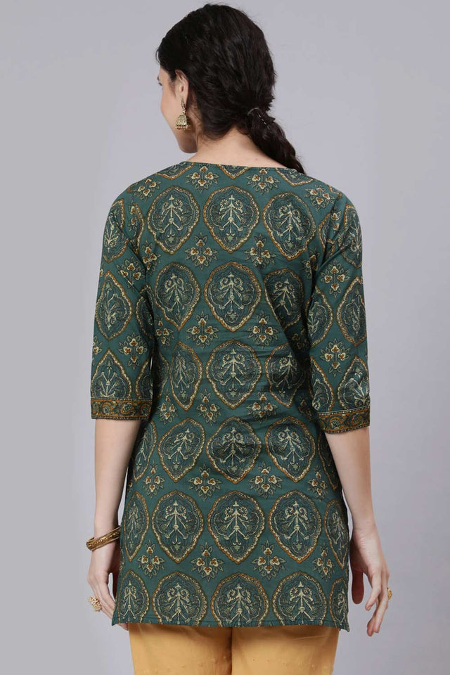 Buy Green Cotton geometric Ethnic Printed Tunic Online - Side