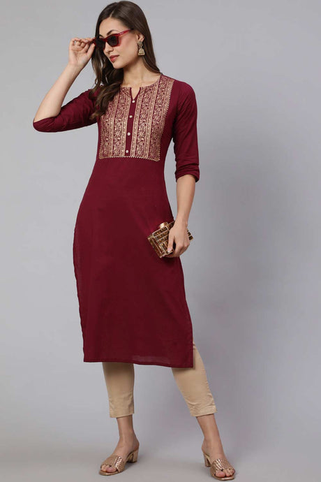 Buy Burgundy Cotton Printed Straight Kurta Online