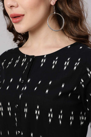 Buy Black Cotton Ikat Printed Flared Dress Online - Front