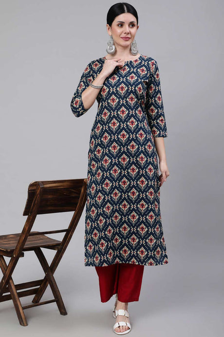 Buy Blue Cotton geometric Ethnic Printed Straight Kurta Online
