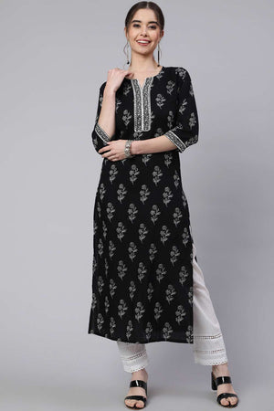 Buy Black Cotton Printed straight kurta Online