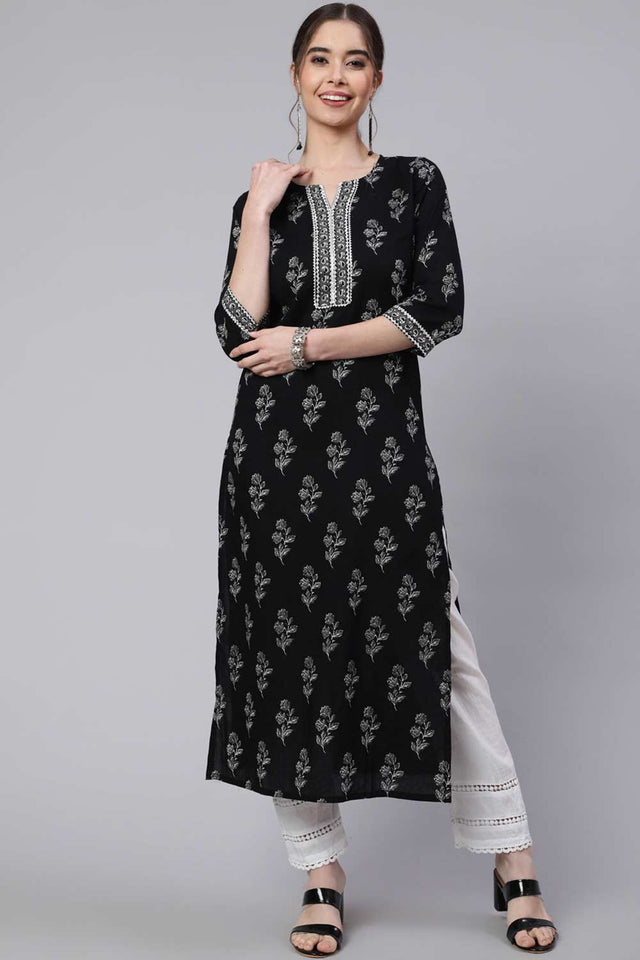Buy Black Cotton Printed straight kurta Online