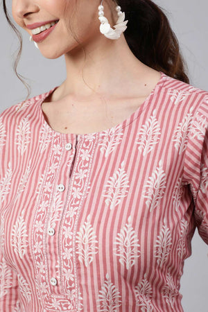 Buy Pink Cotton Printed straight kurta Online - Front