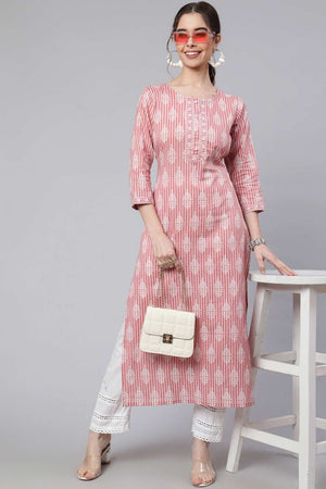 Buy Pink Cotton Printed straight kurta Online