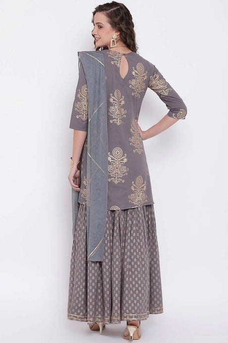 Buy Men's Grey Silk Blend Floral Printed Men's Kurta Pajama Jacket Set Online