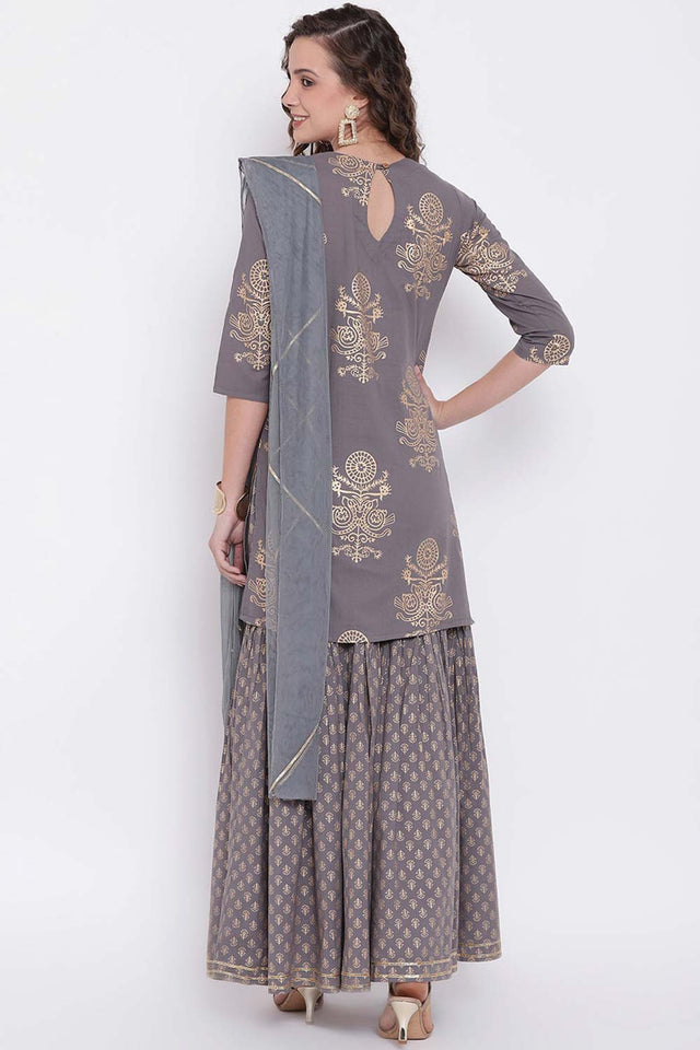 Buy Men's Grey Silk Blend Floral Printed Men's Kurta Pajama Jacket Set Online