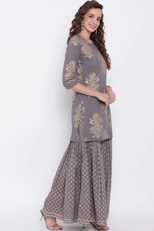 Buy Men's Grey Silk Blend Floral Printed Men's Kurta Pajama Jacket Set Online