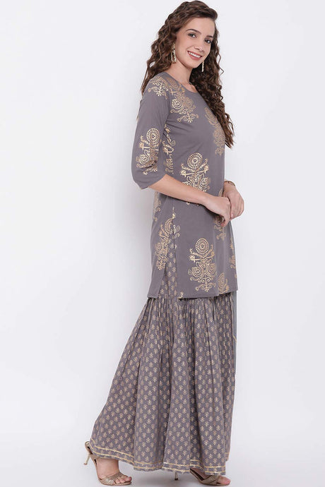 Buy Men's Grey Silk Blend Floral Printed Men's Kurta Pajama Jacket Set Online