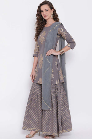 Buy Men's Grey Silk Blend Floral Printed Men's Kurta Pajama Jacket Set Online