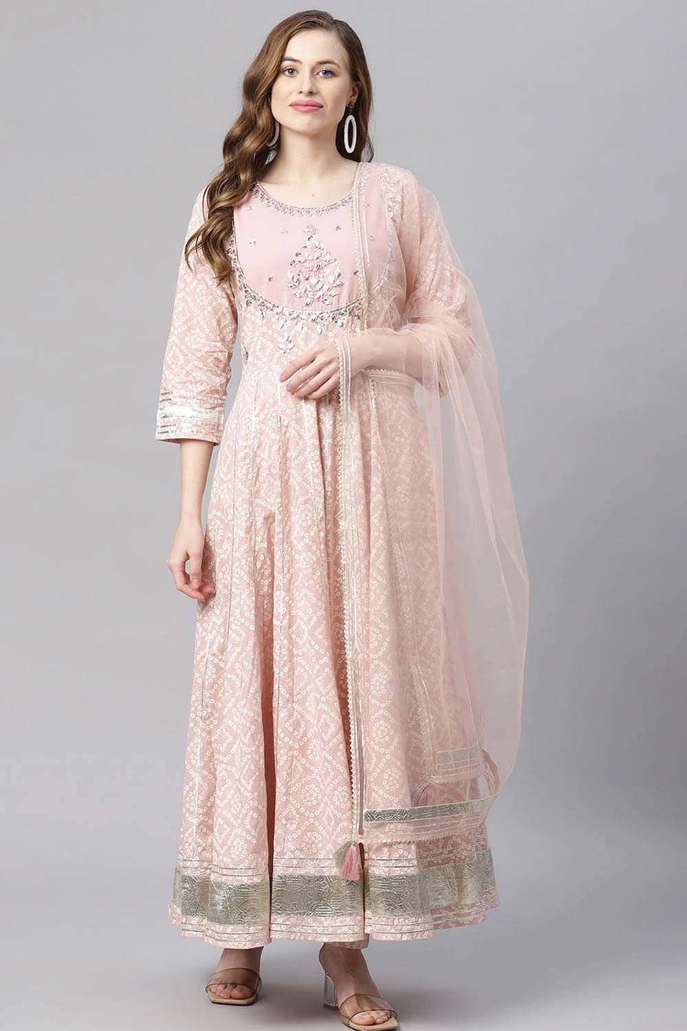 Light Pink Cotton Anarkali Gown Pant Set With Net Dupatta (N2ZDK0657-XS)