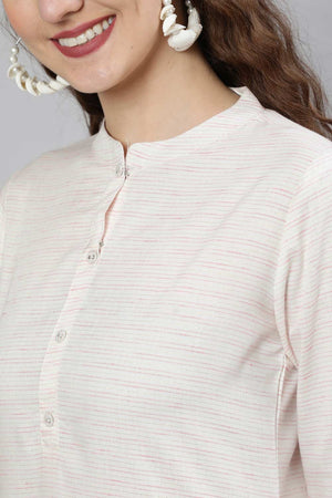 Buy Off-White and Pink Cotton Printed Straight Tunic Online - Front