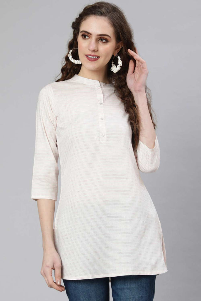 Buy Off-White and Pink Cotton Printed Straight Tunic Online - Back