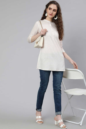 Buy Off-White and Pink Cotton Printed Straight Tunic Online