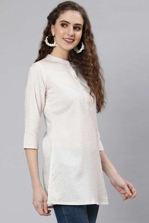 Buy Off-White and Pink Cotton Printed Straight Tunic Online - Side