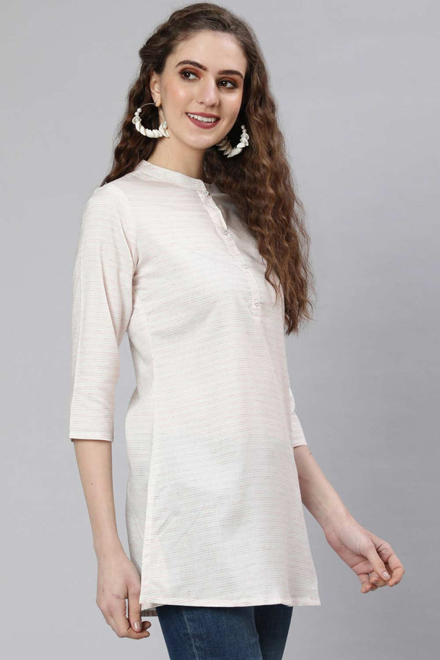 Buy Off-White and Pink Cotton Printed Straight Tunic Online - Side