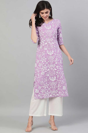 Buy Lavender Straight Cotton Floral Printed Cotton Kurta Online - Front