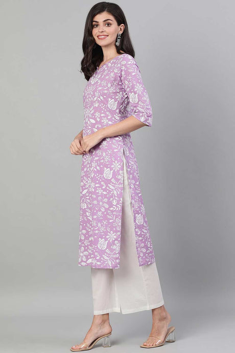 Buy Lavender Straight Cotton Floral Printed Cotton Kurta Online