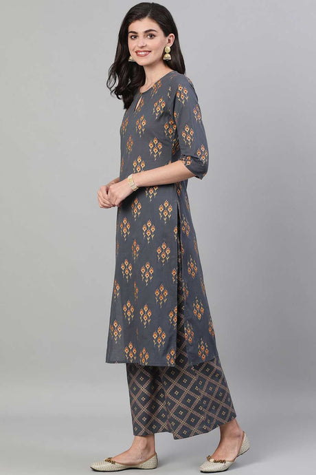 Buy Steel Grey  Gold Printed Straight Palazzo Suit Set with pockets Online