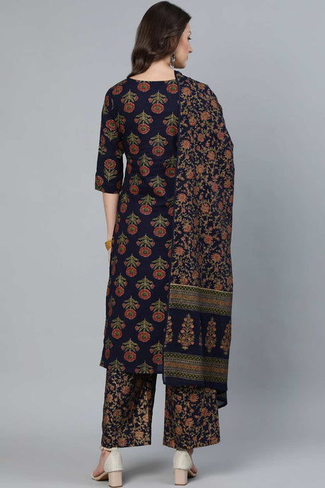 Buy Blue and  Gold Printed traight Palazzo Suit Set Online - Side