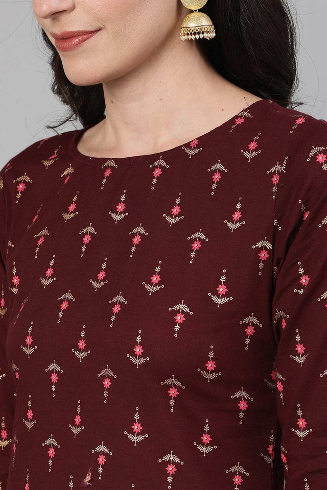 Buy Wine Cotton Printed Kurta with Palazzo with pockets Online - Back