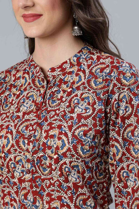 Buy Maroon And Cream Printed Straight Palazzo Suit Set with Printed Dupatta Online - Back