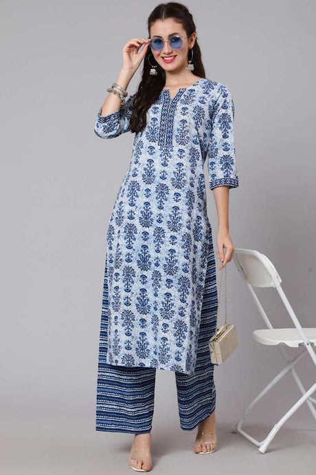 Buy Indigo And White Cotton Straight Kurta With Palazzo Online - Front