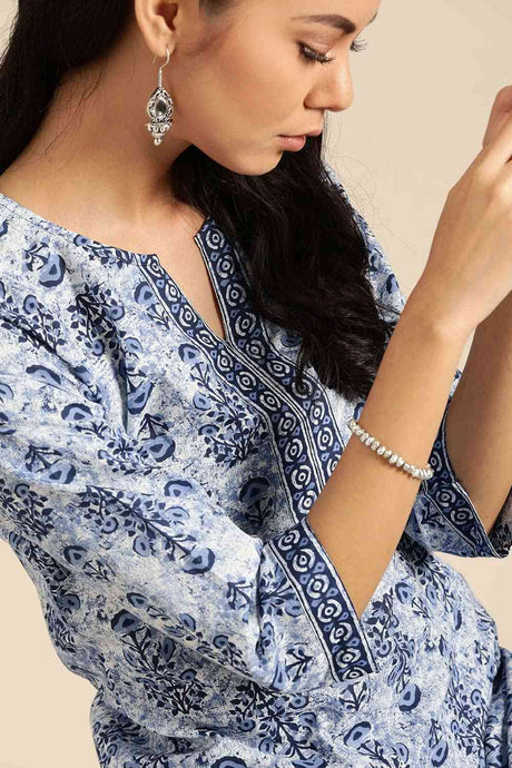 Buy Indigo And White Cotton Straight Kurta With Palazzo Online - Side
