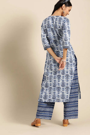Buy Indigo And White Cotton Straight Kurta With Palazzo Online - Zoom In