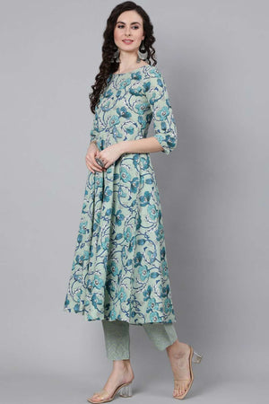 Buy Sage Green Floral Printed Pant Suit Set Online - Back