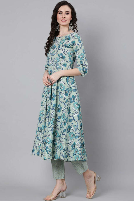 Buy Sage Green Floral Printed Pant Suit Set Online - Back